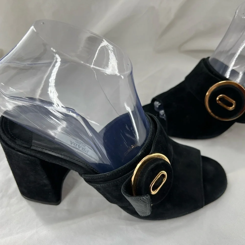 PRADA MILANO BLACK SUEDE CHUNKY HEEL SANDAL BLACK SIZE 37 EUR SIZE 6.5 US - Picture 13 of 16